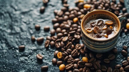 Poster -  a cup of coffee sitting on top of a pile of coffee beans next to a pile of roasted coffee beans.