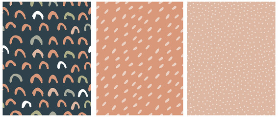 Wall Mural - Abstract Hand Drawn Childish Drawing-like Vector Patterns. Arcs, Tiny Circles and Spots on a Beige, Pale Black and Terra Cotta Brown Background. Modern  Irregular Geometric Seamless Pattern.