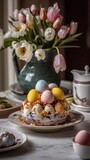 Fototapeta Tulipany - Easter eggs, cherry and tulips blossom in vase, festive food setting morning breakfast 