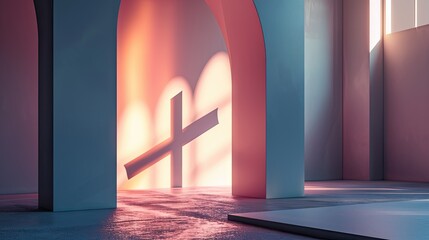 Wall Mural -  a cross in the middle of a room with a cross in the middle of the room and sunlight coming through the window.