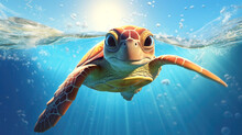 Funny Turtle Over The Surface Of The Water. Сartoon Turtle In The Sea