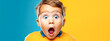 child with a surprised facial expression, wearing a bright yellow sweater, with exaggerated wide blue eyes, set against a dual blue and yellow background, emphasizing the playful shock and innocence
