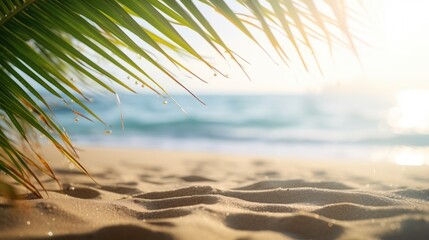 blurred beautiful nature, green palm leaves on tropical beach with bokeh lights