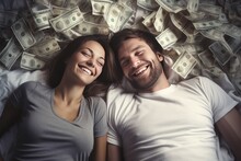 Smiling Couple Sleeping On Bed In Bedroom There Are Lots Of Dollars Instead Of Blankets.