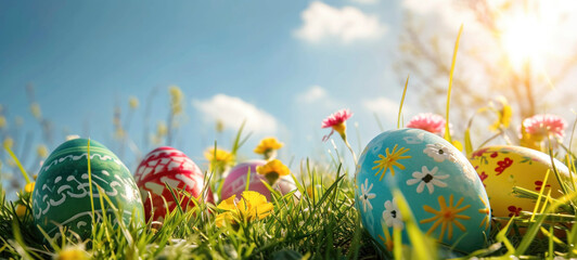 Wall Mural - Happy Easter. Decorated Easter eggs on green grass on a sunny spring day