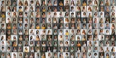 Wall Mural - Diversity concept. Collage of 200 diverse happy women portraits, a lot of different female faces set. Multiethnic businesswomen staff people, many african asian indian european ladies montage mosaic.