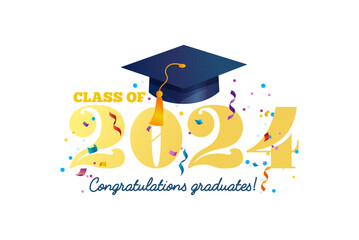 Poster - Congratulations graduates vector illustration. Class of 2024 trendy design template with graduation cap and colorful confetti isolated on white background. Grad ceremony typography concept.