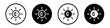 Brightness icon set. Bright sun display and sunshine vector symbol in a black filled and outlined style. Adjust sunlight exposure sign.