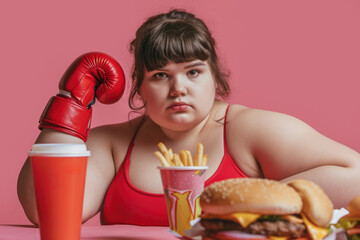 Wall Mural - Very fat girl in boxing gloves on a coloured background