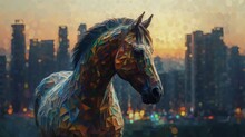 In Front Of A Cityscape A Horse With Turned Head Pain.Generative AI