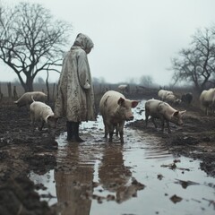 Poster - a person standing in a muddy puddle with pigs