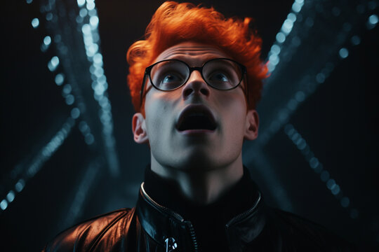 surprised redhead guy in glasses looking and pointing up gasping amazed standing 3d black realistic 