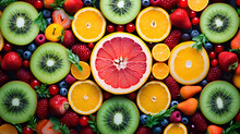 Tropical Fruits Arranged In A Symmetrical Kaleidoscope Pattern Fruit Salad Background