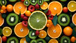 Tropical fruits and vegetables arranged in a symmetrical kaleidoscope pattern