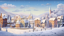Snow-Covered European Townscape With Historical Buildings And Light Snowfall