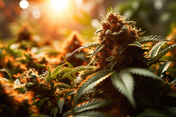 A lush cannabis plant bathed in sunlight, showcasing a mature bud ready for medical or recreational use.