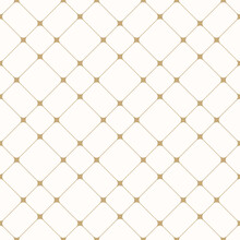 Golden Grid Vector Seamless Pattern. Abstract Luxury Geometric Minimal Texture With Thin Diagonal Cross Lines, Nodes, Squares, Mesh, Lattice, Grill. Subtle Simple White And Gold Checkered Background