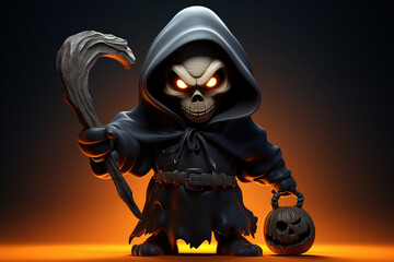 Halloween characters horror 3D illustration. Halloween character like grim reaper mascot cartoon