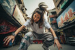 Chinese woman break dancing in urban area