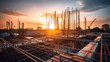 © Trendy Graphics - Construction site during sunset, structural steel beam in large residential buildings