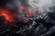 Charcoal and ash volcanic textures 3d illustration with lava and fog, background with copy space