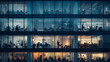 © Trendy Graphics - Outside view of office building with a number of windows, business people working inside