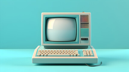 Retro computer placed on blue background