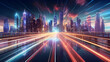 Speed light trails path through smart modern mega city and skyscrapers town along with neon futuristic technology background, future virtual reality, motion effect, high speed light