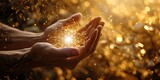 Fototapeta  - Spiritual hands with shining star between against a golden Flower of Life backdrop for a holistic healing theme.