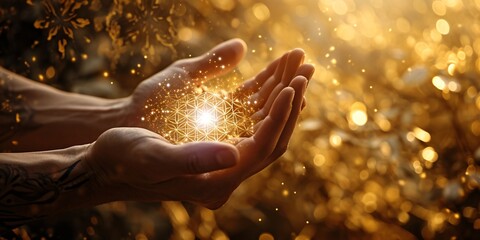 spiritual hands with shining star between against a golden flower of life backdrop for a holistic he