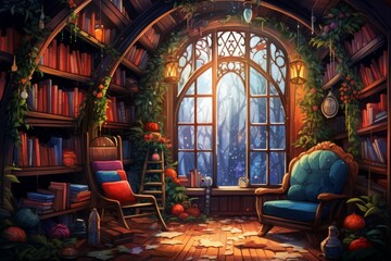 Wall Mural - Christmas-themed Book Nooks - Generative AI