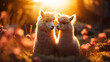 Happy valentine's day. A couple of lovers llamas on a romantic date. Beautiful landscape background. Romantic postcard, card. Generative AI