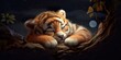 Tiger and the moon, adorable sleeping baby tiger, digital print, wall paper, wall print