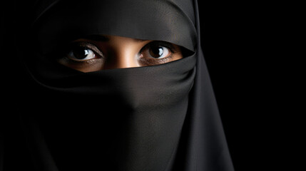 Portrait of woman muslim with niqab in black background with copy space