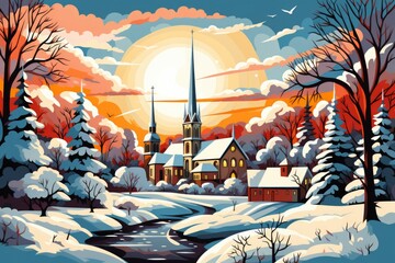 Poster - Snow-Covered Churches - Generative AI