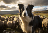 Fototapeta  - A black and white Scottish border collie dog is standing guard and shepherding flock of sheep 
