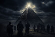 © 1by1step - Silhouette of men and woman walk toward a pyramid with bright light shining at the top on dark cloudy day