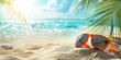 Schöne grafische Zeichnung mit Sonnebrille am Strand und Meer in fantastischen hellen Farben Querformt für Banner, ai generativ
