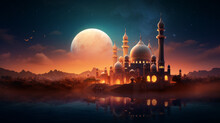 Ramadan Kareem Background.Crescent Moon At A Top Of A Mosque