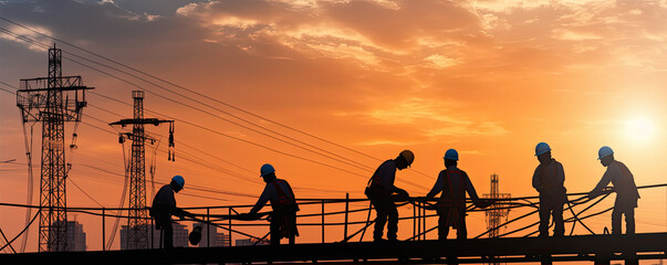 Wall Mural - silhouette workers on construction site in evening sunny backround.