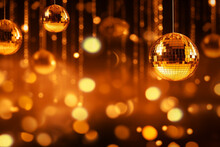 Disco Background With Hanging Disco Balls In Orange And Gold Lighting