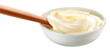 White bowl full of yogurt or mayonnaise with wooden spoon on isolated transparent background