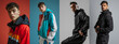 Four male models in various poses wearing colorful sports jackets in red, turquoise, and black. They are set against contrasting colored backgrounds.