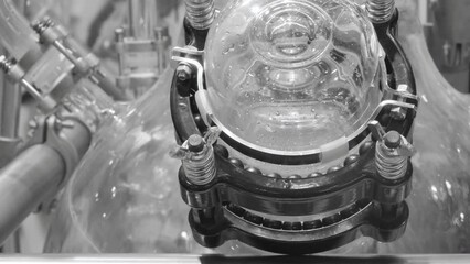 Poster - operation of a complex and expensive chemical reactor in a laboratory for production for products in the medical, chemical, cosmetic industries. A mixer in a glass container prepares a solution