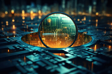 Poster - A digital magnifying glass zooming into bits and bytes, symbolizing the process of analyzing data in the online environment. Concept of digital analysis. Generative Ai.