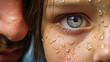 Close-up of a timid girl's eyes filled with tears, with the reflection of her stern father visible.