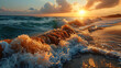 A sun rising on the horizon on a beach, facing the sea, where all you can see is sand, sea and sun,