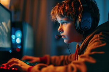 E-boy gaming with computer. Male gamer sitting in front of computer in room with neon lights and streaming online