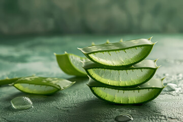 Wall Mural - Slices of aloe vera on green background. Natural organic cosmetics and herbal medicine. Natural extract for skin care