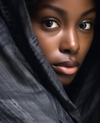 Wall Mural - close portrait of a very beautiful black girl, African American, wearing a headscarf, Muslim